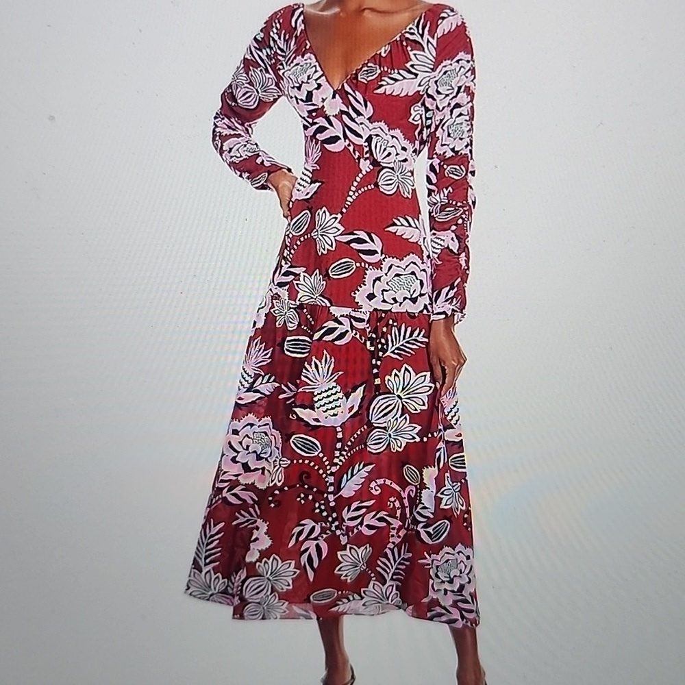 FARM RIO PINEAPPLE INSPIRATION BURGUNDY V NECKLINE MAXI DRESS SIZE M